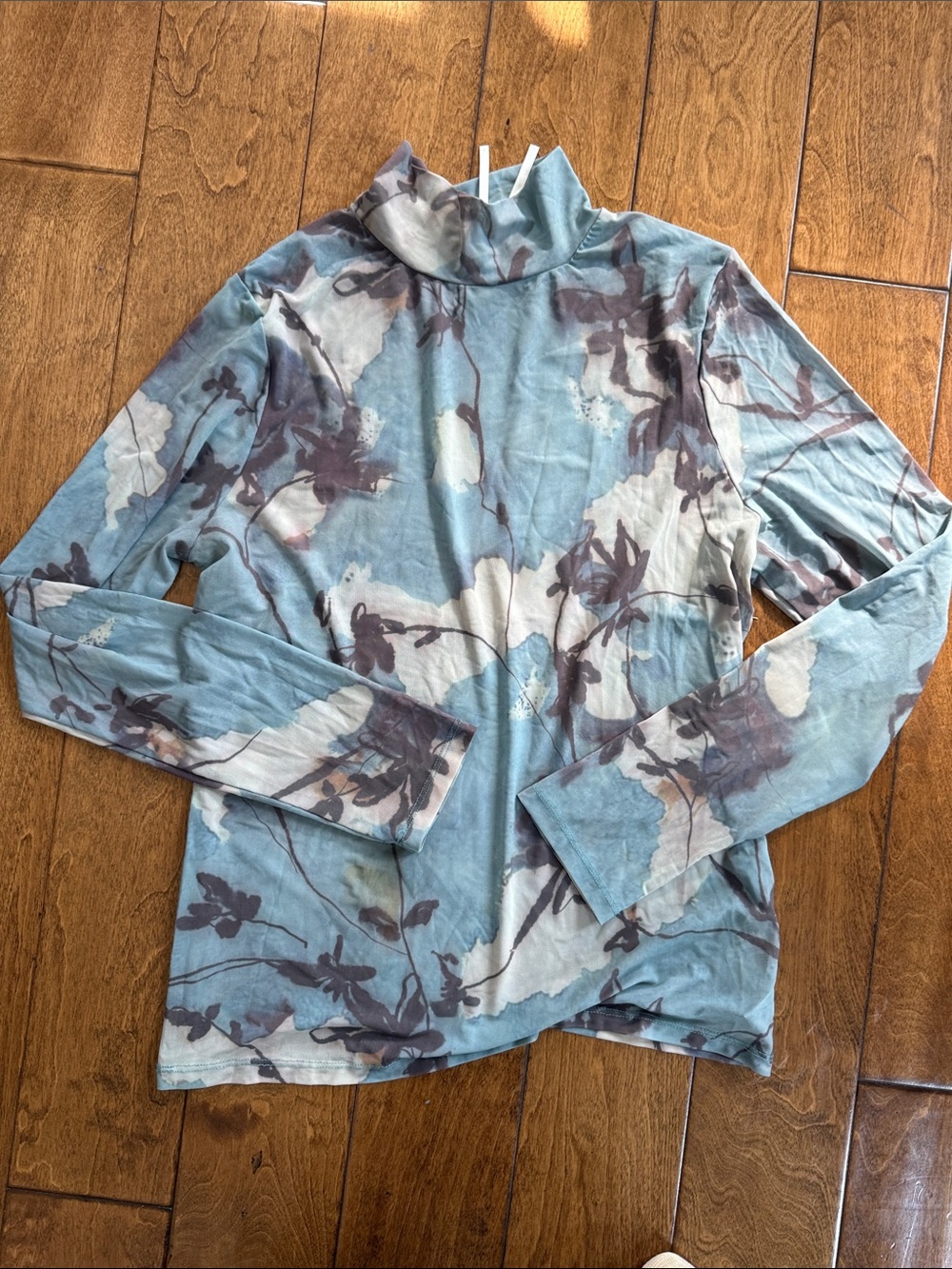 Anthropologie XL Long Sleeve Mesh Mock Neck Floral Print Top - Blue